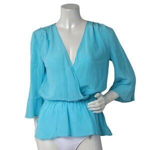 SYLK Surplice Faux Wrap Silk Blouse Bell Sleeve Shirt Boho Light Blue Small